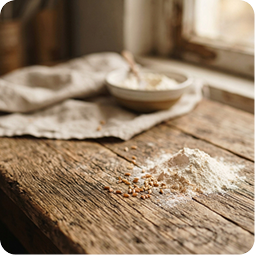 Flour and wheat on a wooden table